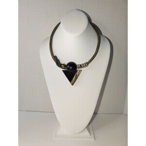 Artisan Handmade Faux Leather Geometric Gold Tone Black Grey Green necklace